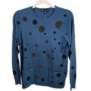 Carre Noir NWT Art To Wear Rhinestone Pearl Teal Polka Dot Sweater Size S